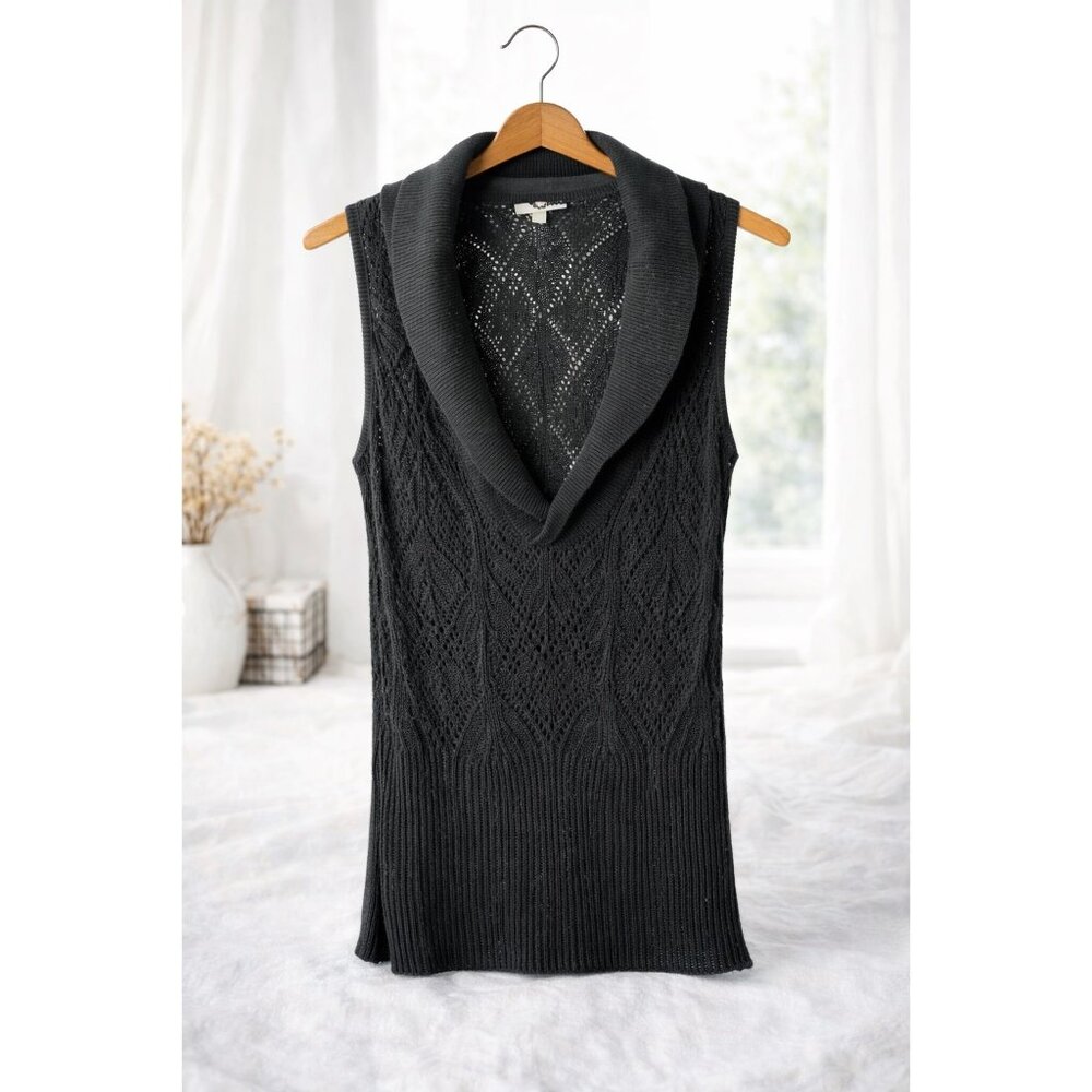 Black Crochet Style Knit Sleeveless Sweater Vest Boho Blouson Women M